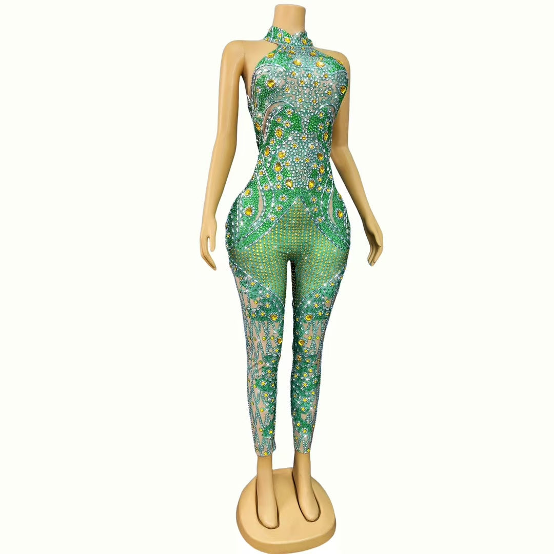CELESINYI Lvyouyou Crystal Emerald Jumpsuit