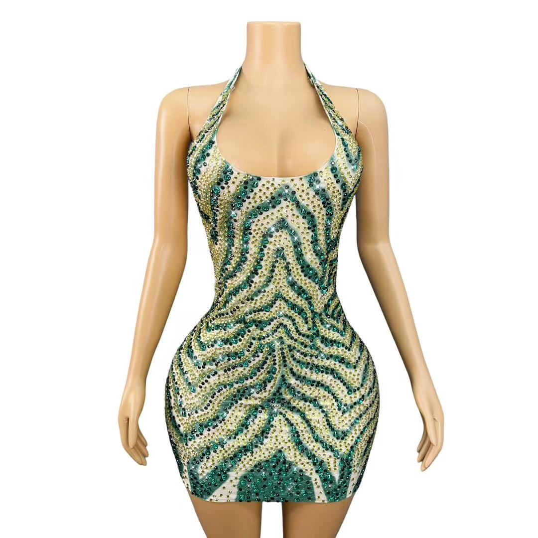 CELESINYI Lvmao Crystal Mint Mini Dress