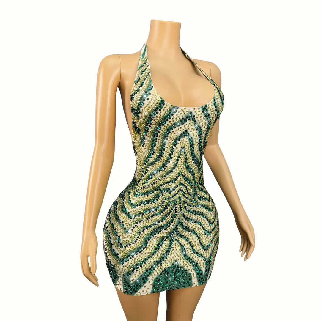 CELESINYI Lvmao Crystal Mint Mini Dress
