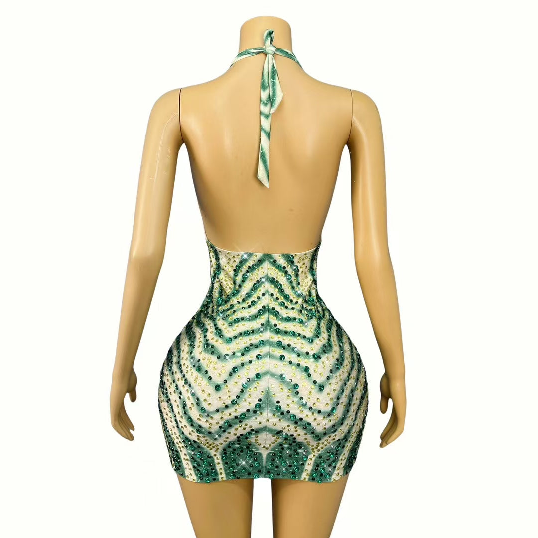 CELESINYI Lvmao Crystal Mint Mini Dress
