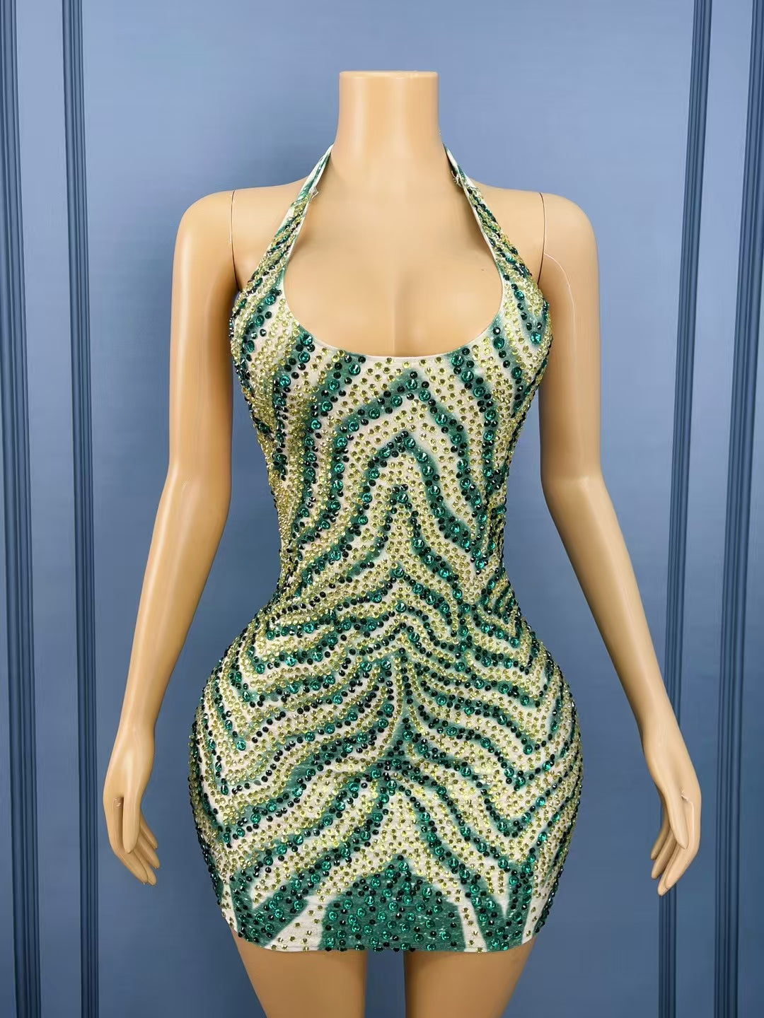 CELESINYI Lvmao Crystal Mint Mini Dress