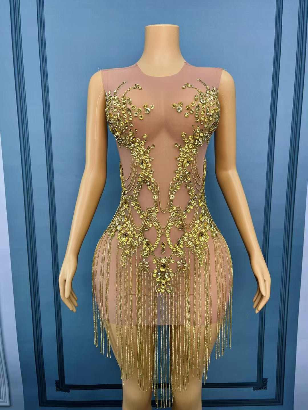 CELESINYI Zuanhua Crystal Gold Mini Dress
