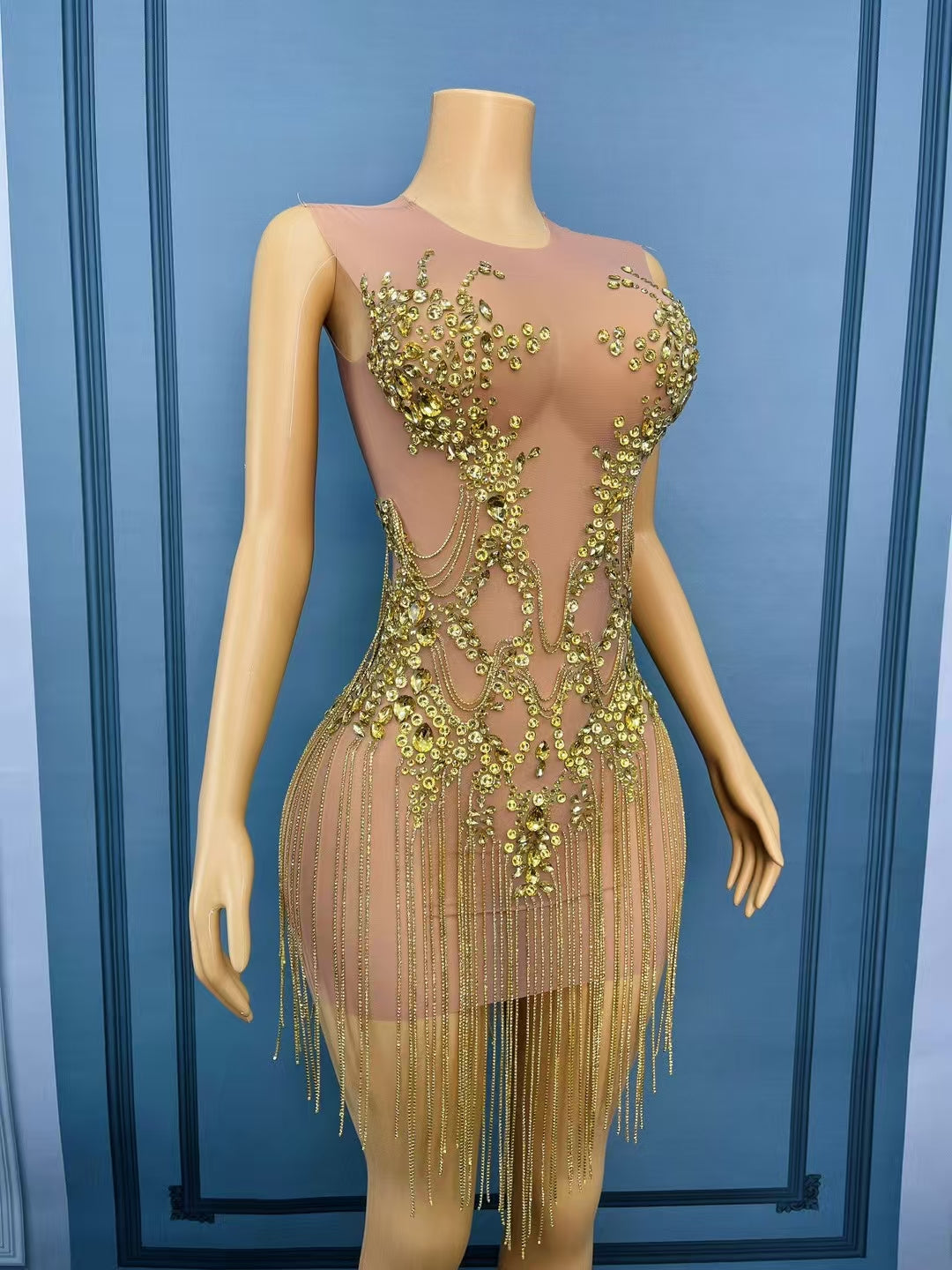 CELESINYI Zuanhua Crystal Gold Mini Dress