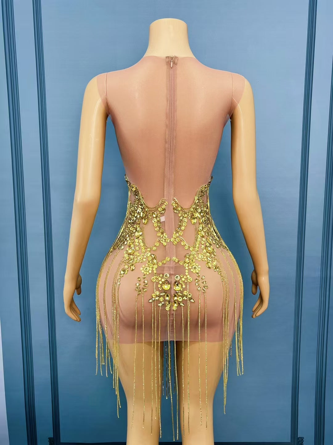 CELESINYI Zuanhua Crystal Gold Mini Dress