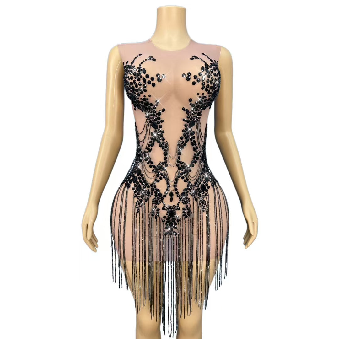 CELESINYI Zuanhua Crystal Black Mini Dress