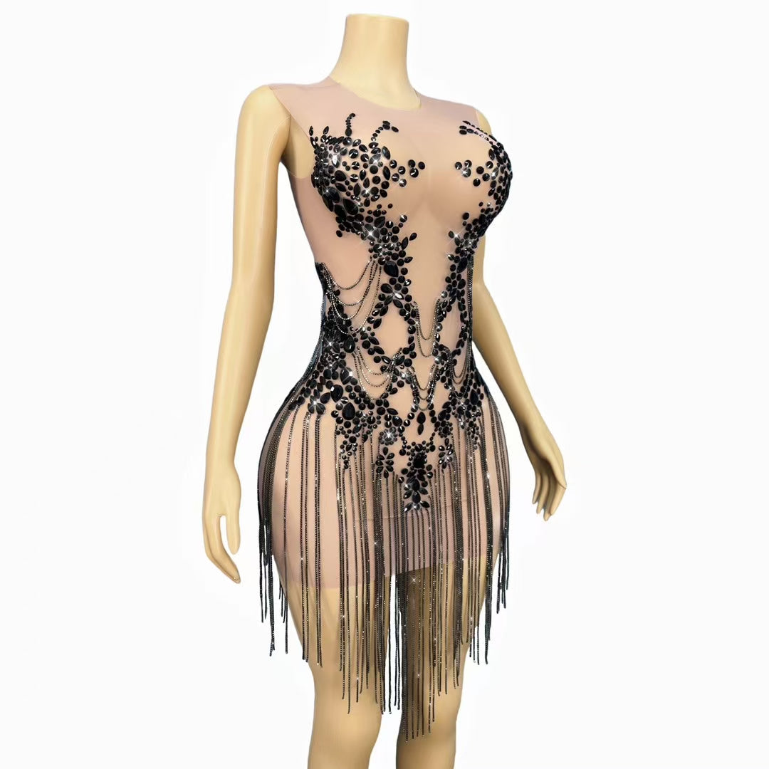 CELESINYI Zuanhua Crystal Black Mini Dress