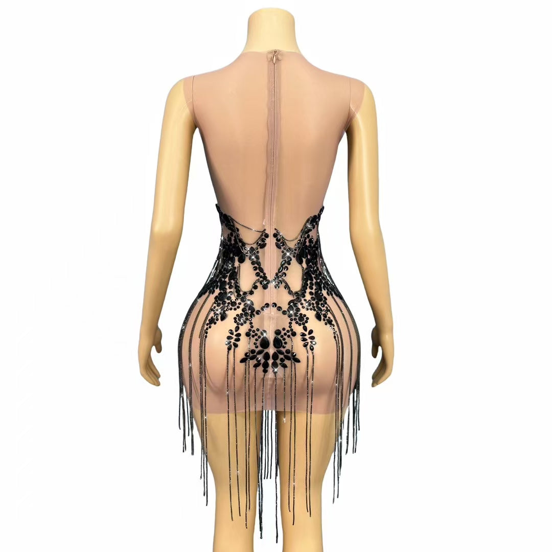 CELESINYI Zuanhua Crystal Black Mini Dress