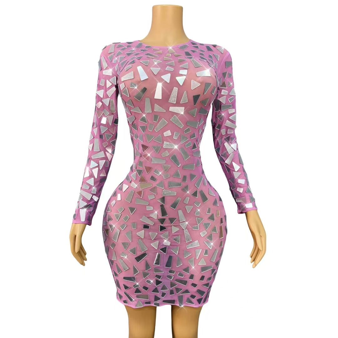 CELESINYI Jingzi Crystal Mirror Mini Dress