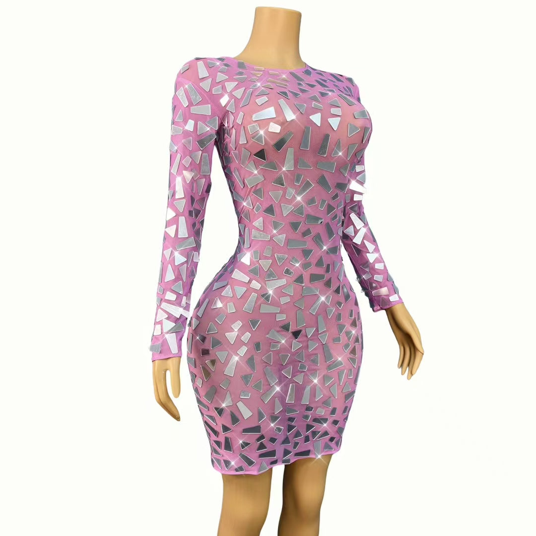 CELESINYI Jingzi Crystal Mirror Mini Dress