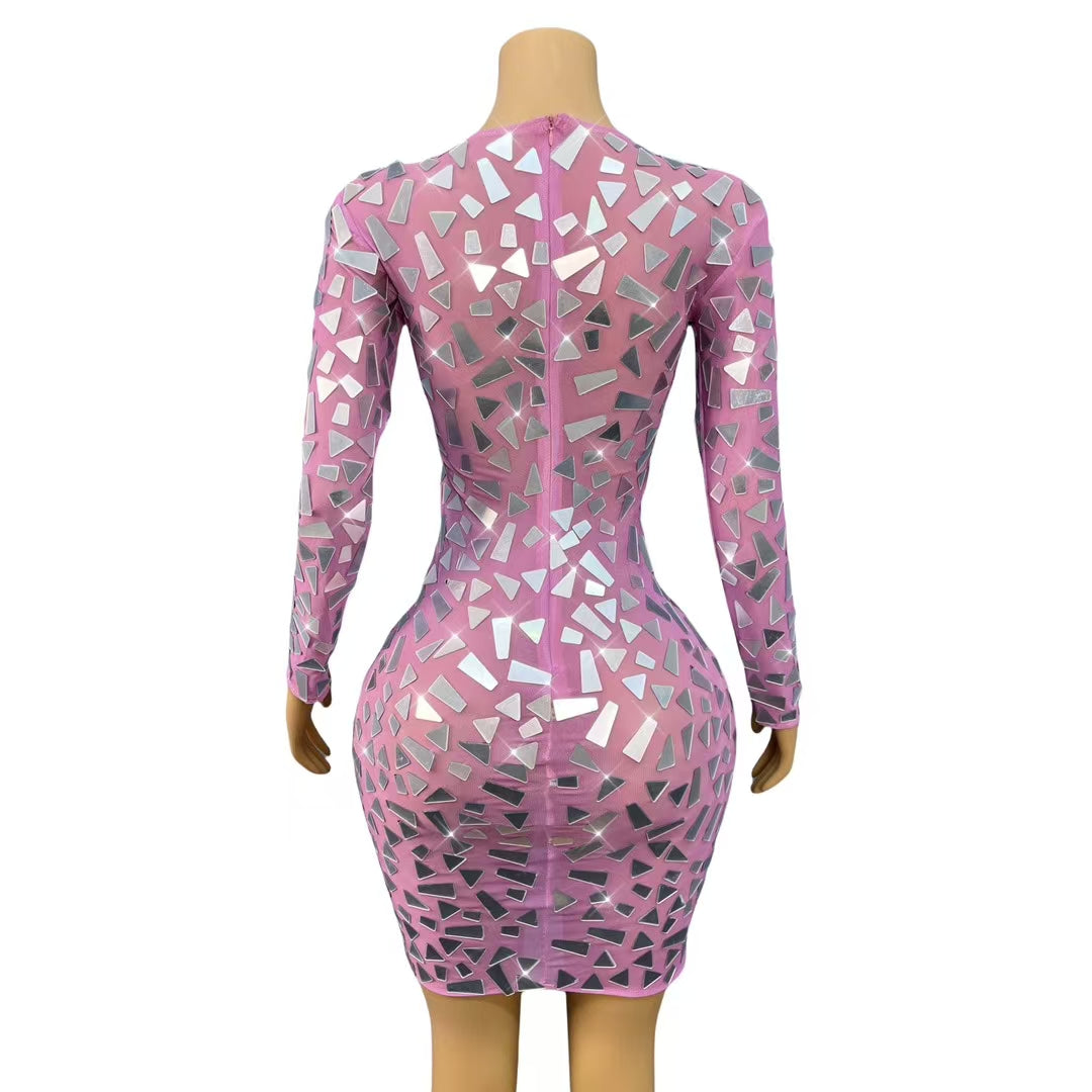CELESINYI Jingzi Crystal Mirror Mini Dress