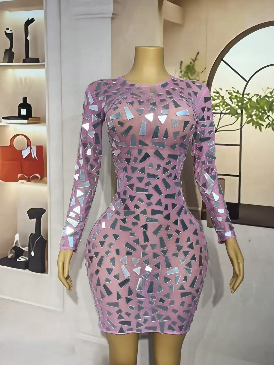 CELESINYI Jingzi Crystal Mirror Mini Dress