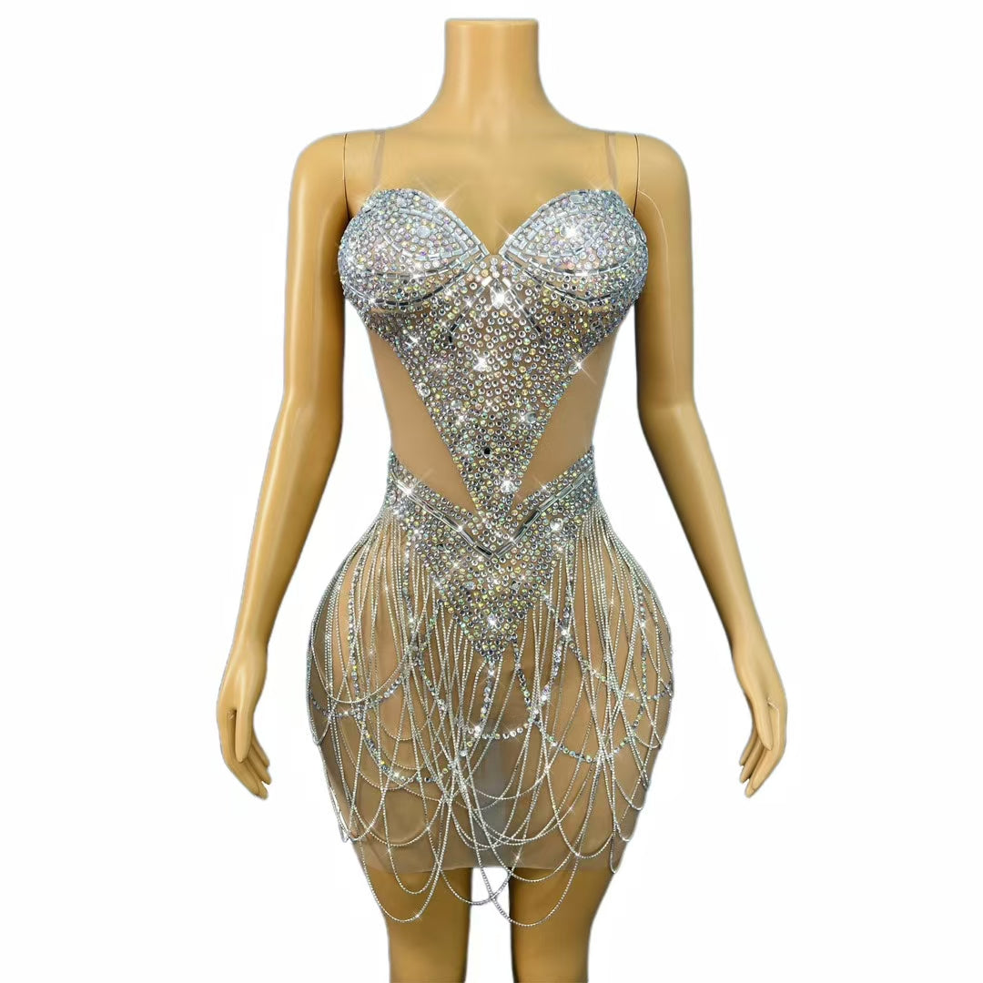 CELESINYI Shanshan Crystal Mirror Mini Dress
