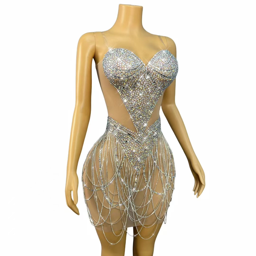 CELESINYI Shanshan Crystal Mirror Mini Dress