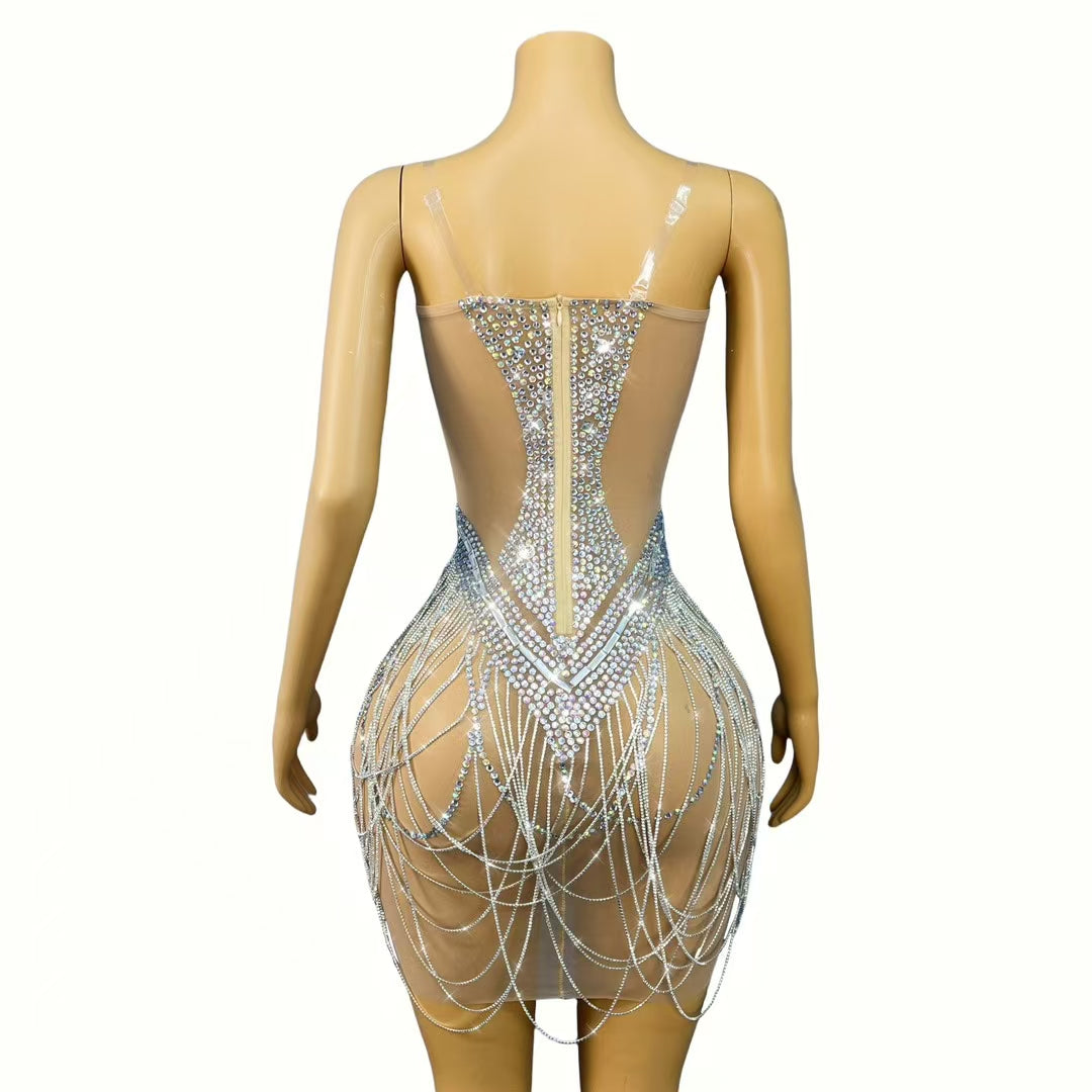 CELESINYI Shanshan Crystal Mirror Mini Dress