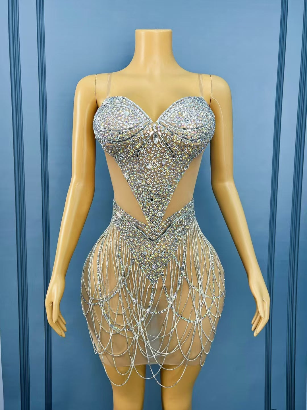 CELESINYI Shanshan Crystal Mirror Mini Dress