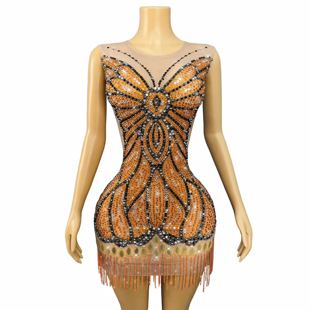 CELESINYI Qiuyedie Crystal Butterfly Mini Dress