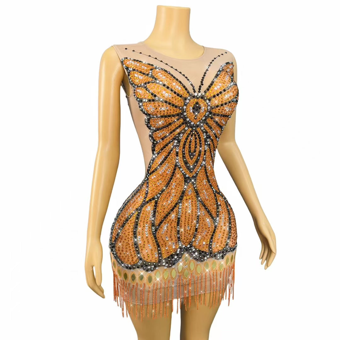 CELESINYI Qiuyedie Crystal Butterfly Mini Dress