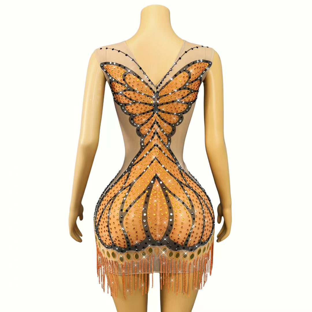CELESINYI Qiuyedie Crystal Butterfly Mini Dress