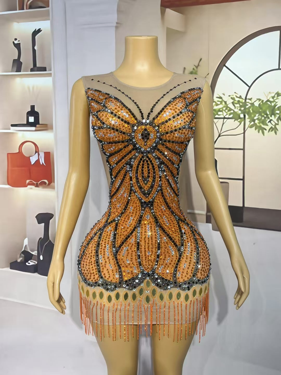 CELESINYI Qiuyedie Crystal Butterfly Mini Dress
