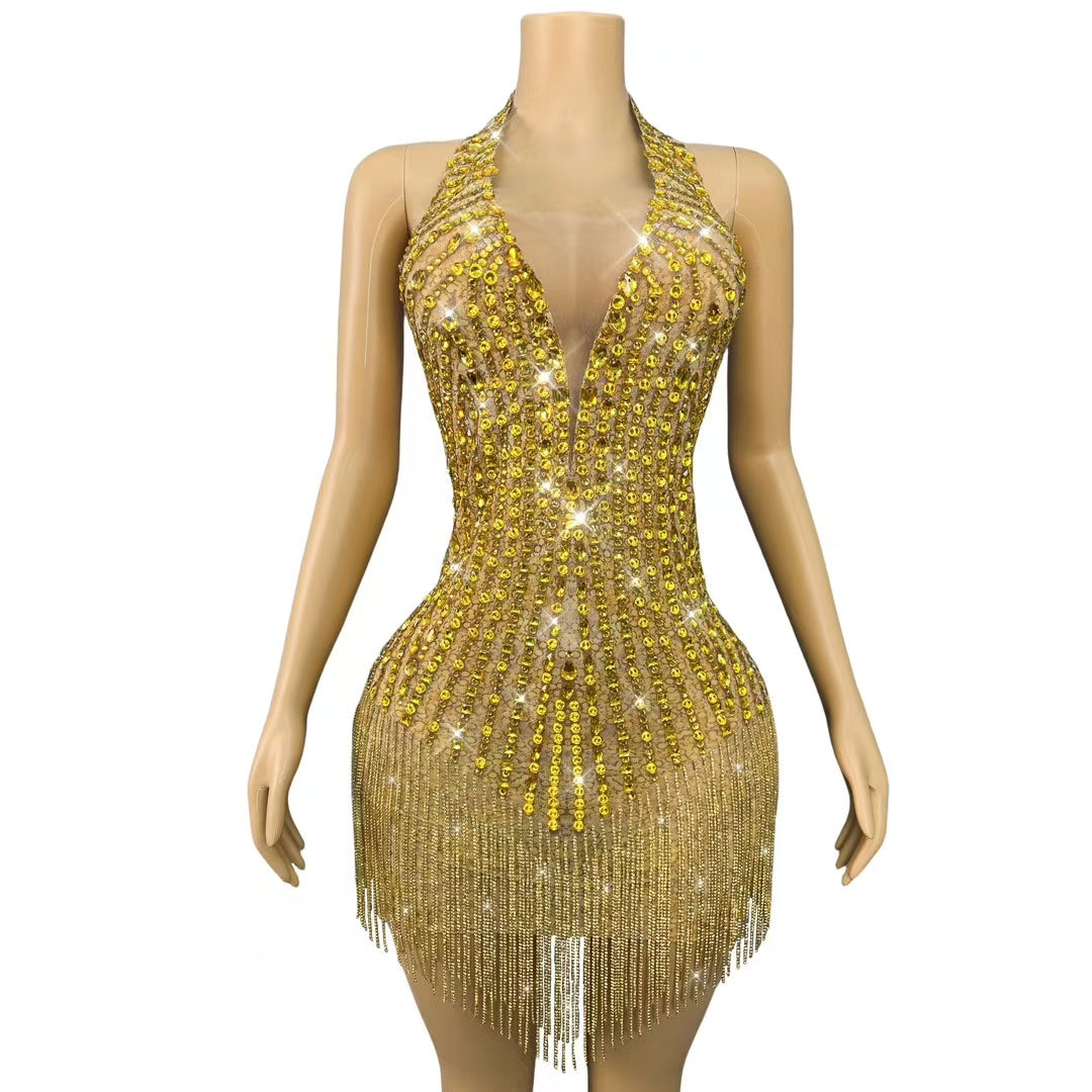 CELESINYI Jinchanzi Crystal Fringe Mini Dress