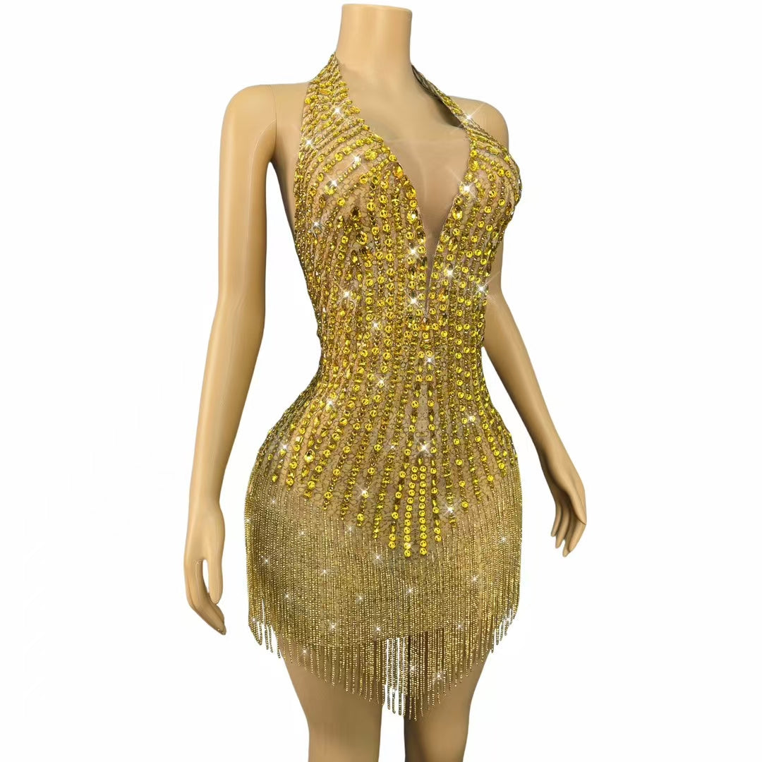CELESINYI Jinchanzi Crystal Fringe Mini Dress
