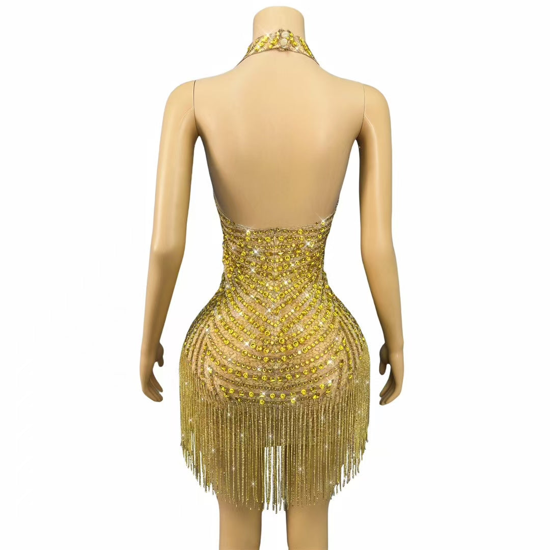 CELESINYI Jinchanzi Crystal Fringe Mini Dress