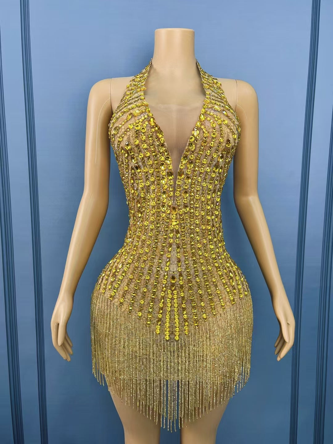 CELESINYI Jinchanzi Crystal Fringe Mini Dress