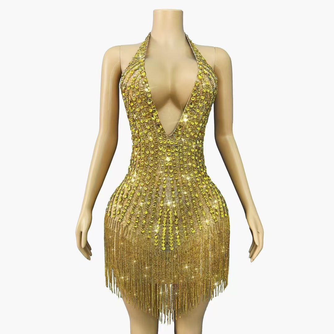 CELESINYI Jinchanzi Crystal Gold Mini Dress