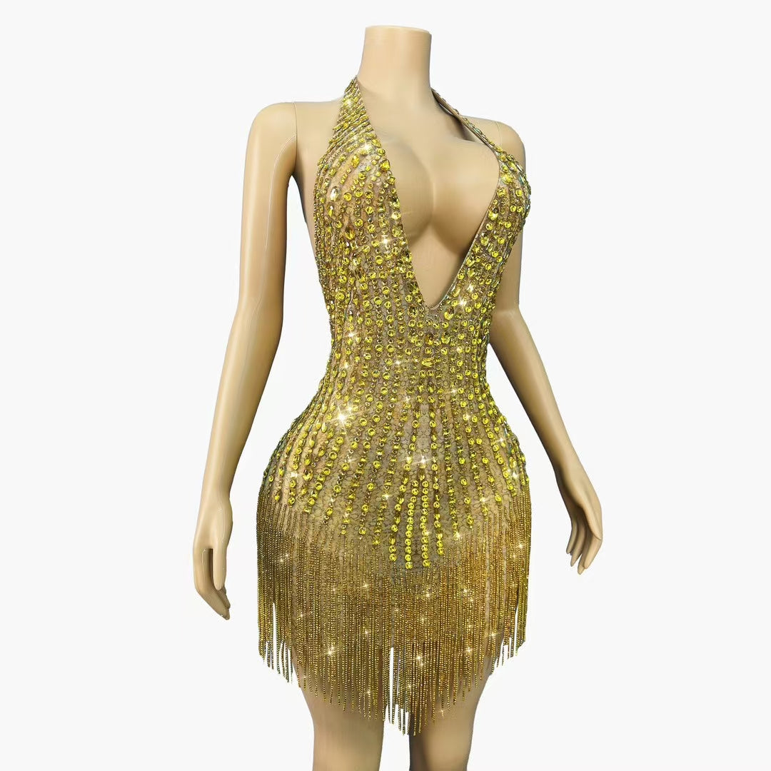 CELESINYI Jinchanzi Crystal Gold Mini Dress