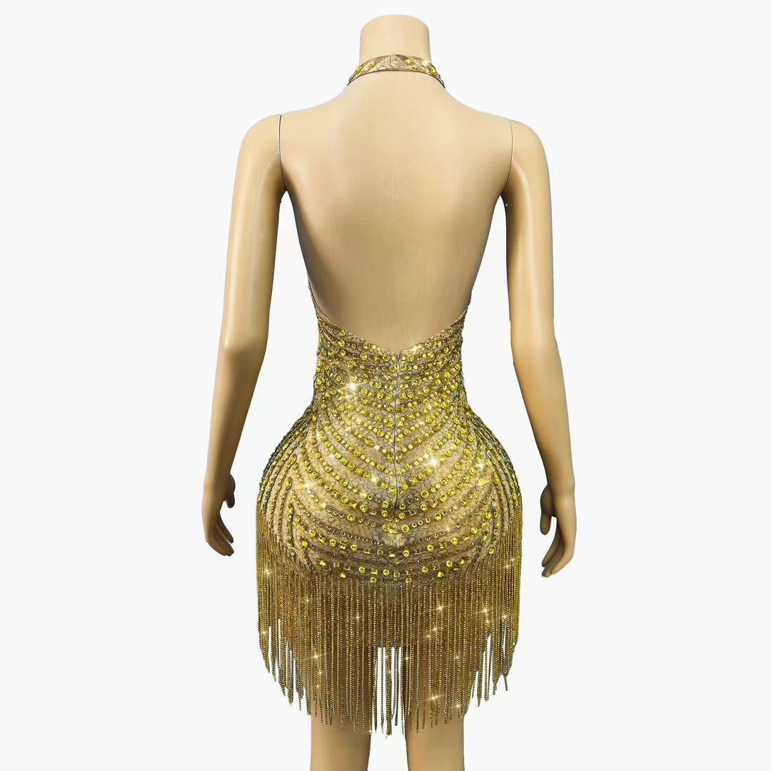 CELESINYI Jinchanzi Crystal Gold Mini Dress