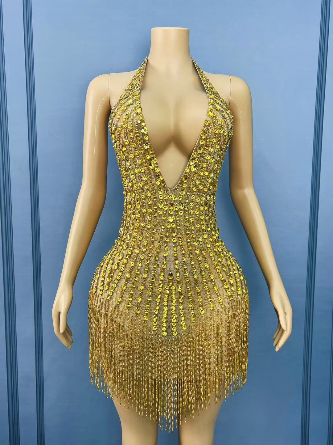 CELESINYI Jinchanzi Crystal Gold Mini Dress