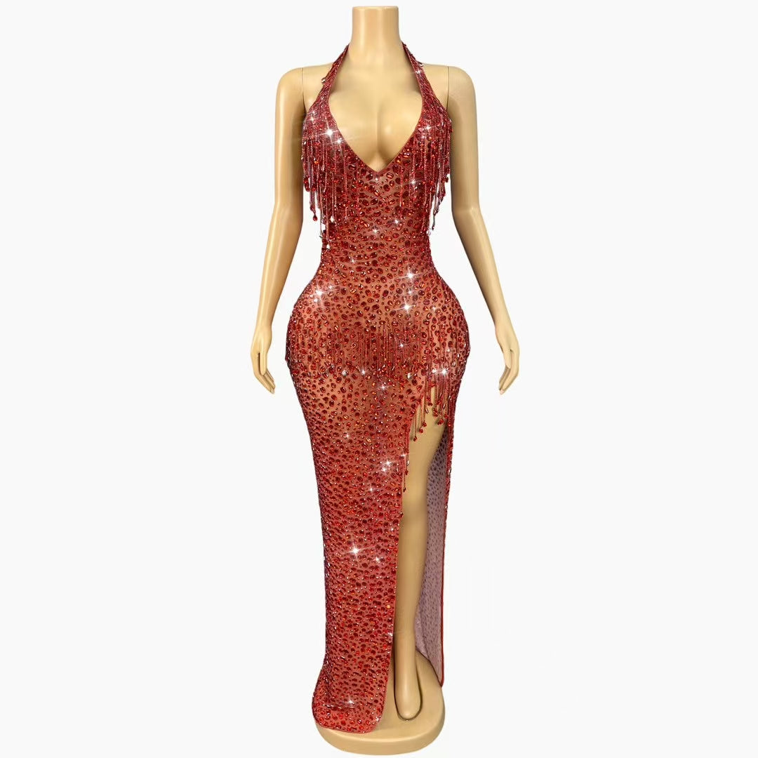 CELESINYI Wulongweibo Crystal Fringe Halter Gown