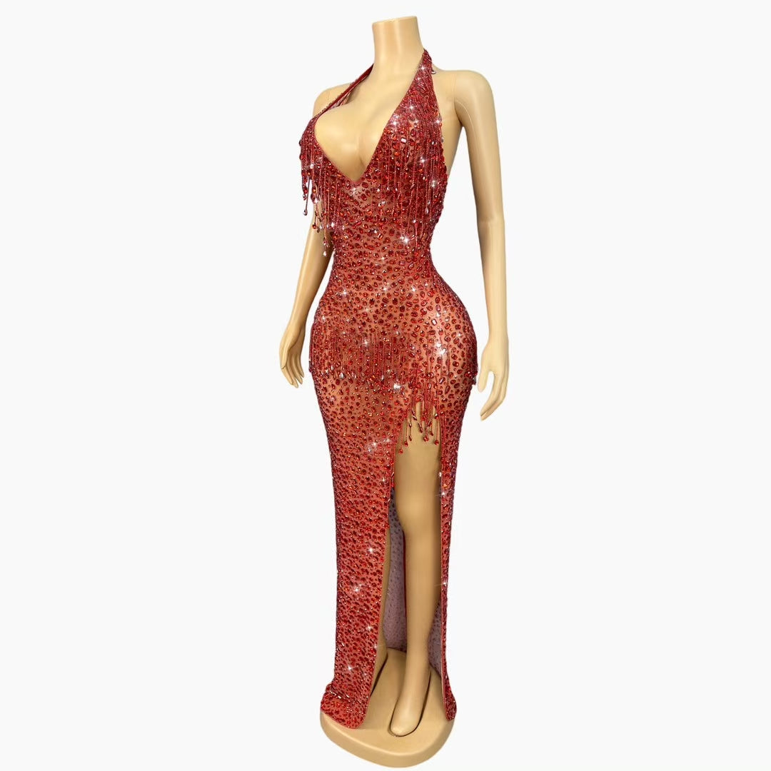 CELESINYI Wulongweibo Crystal Fringe Halter Gown