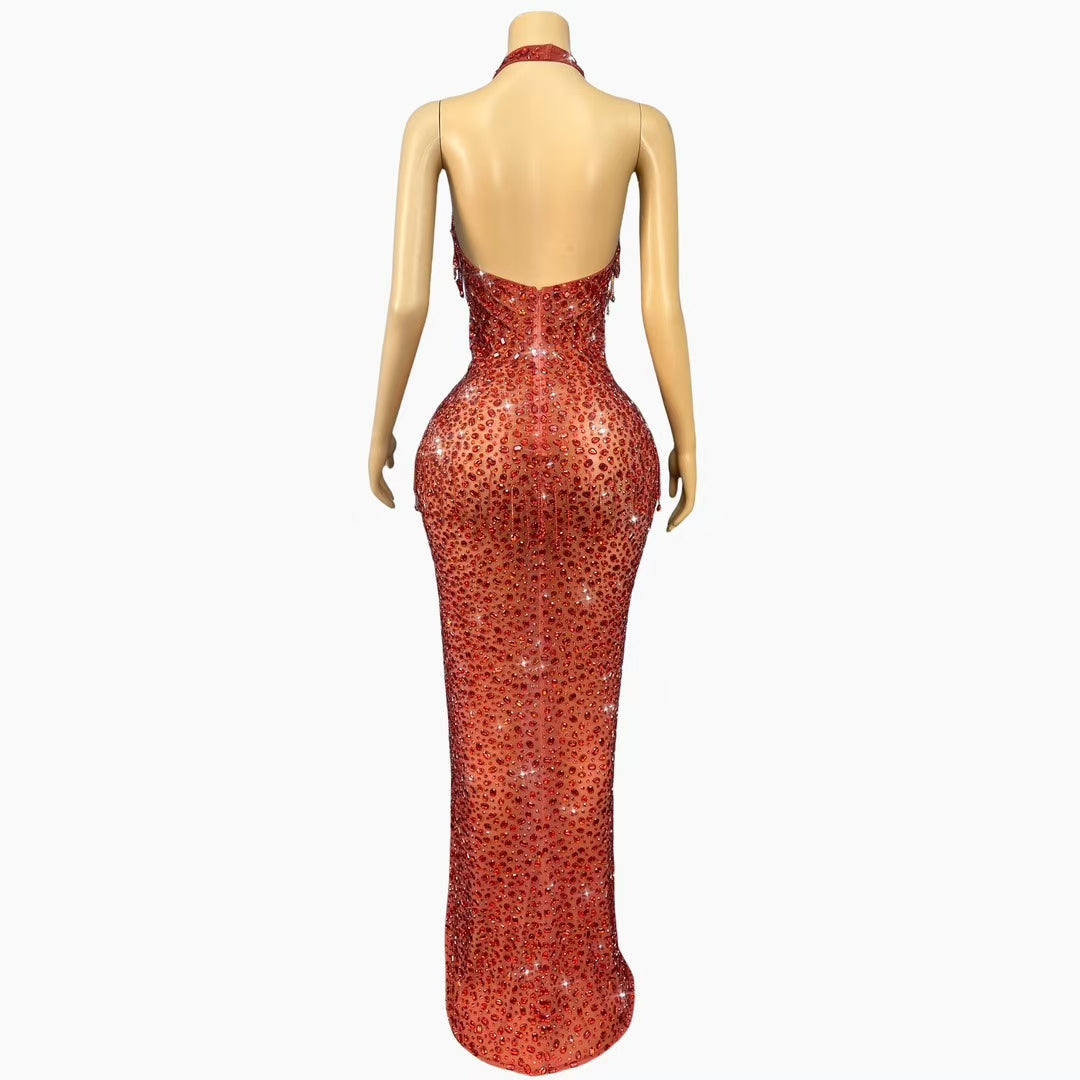 CELESINYI Wulongweibo Crystal Fringe Halter Gown
