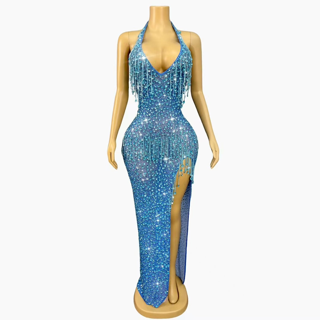 CELESINYI Wulongweibo Crystal Fringe Halter Gown