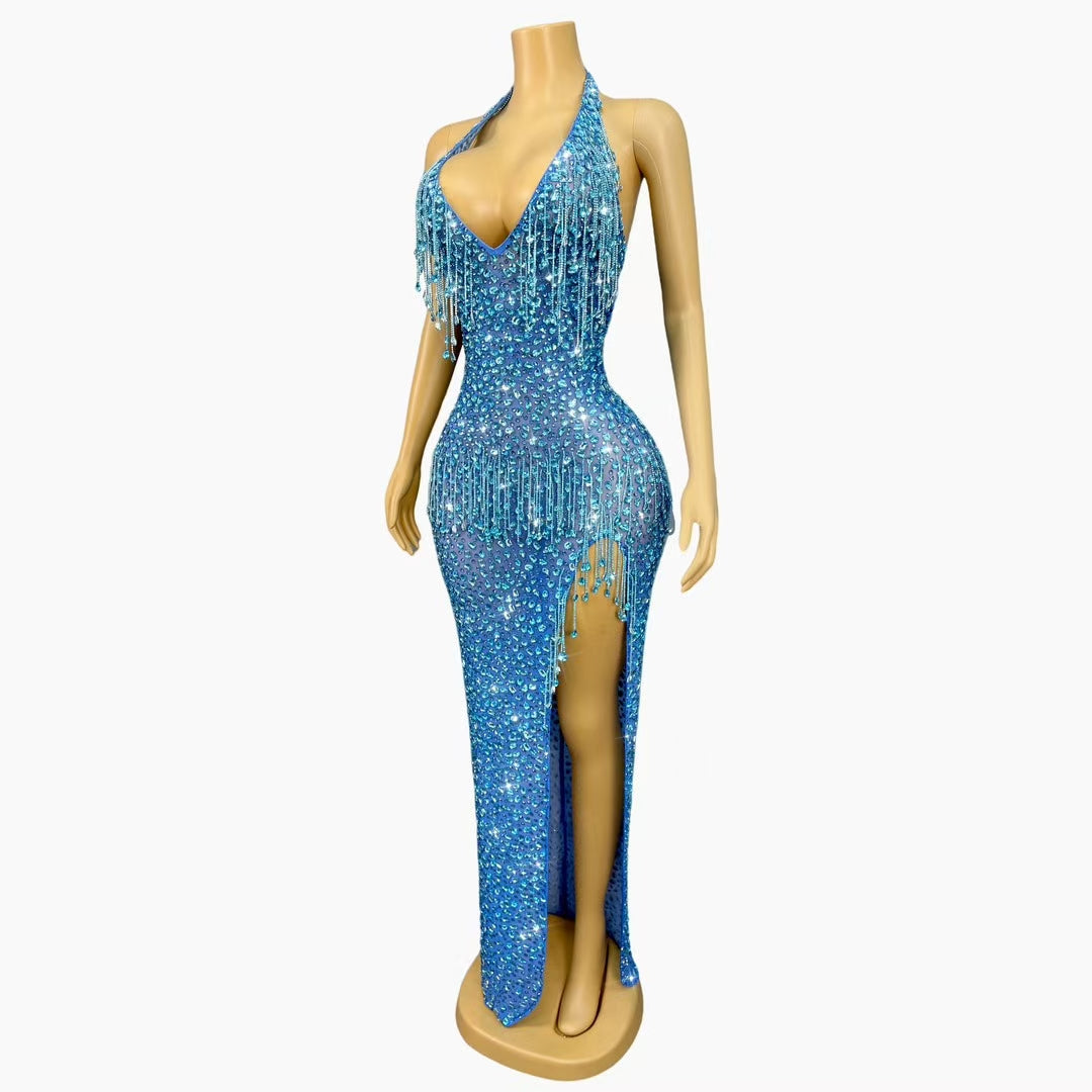 CELESINYI Wulongweibo Crystal Fringe Halter Gown