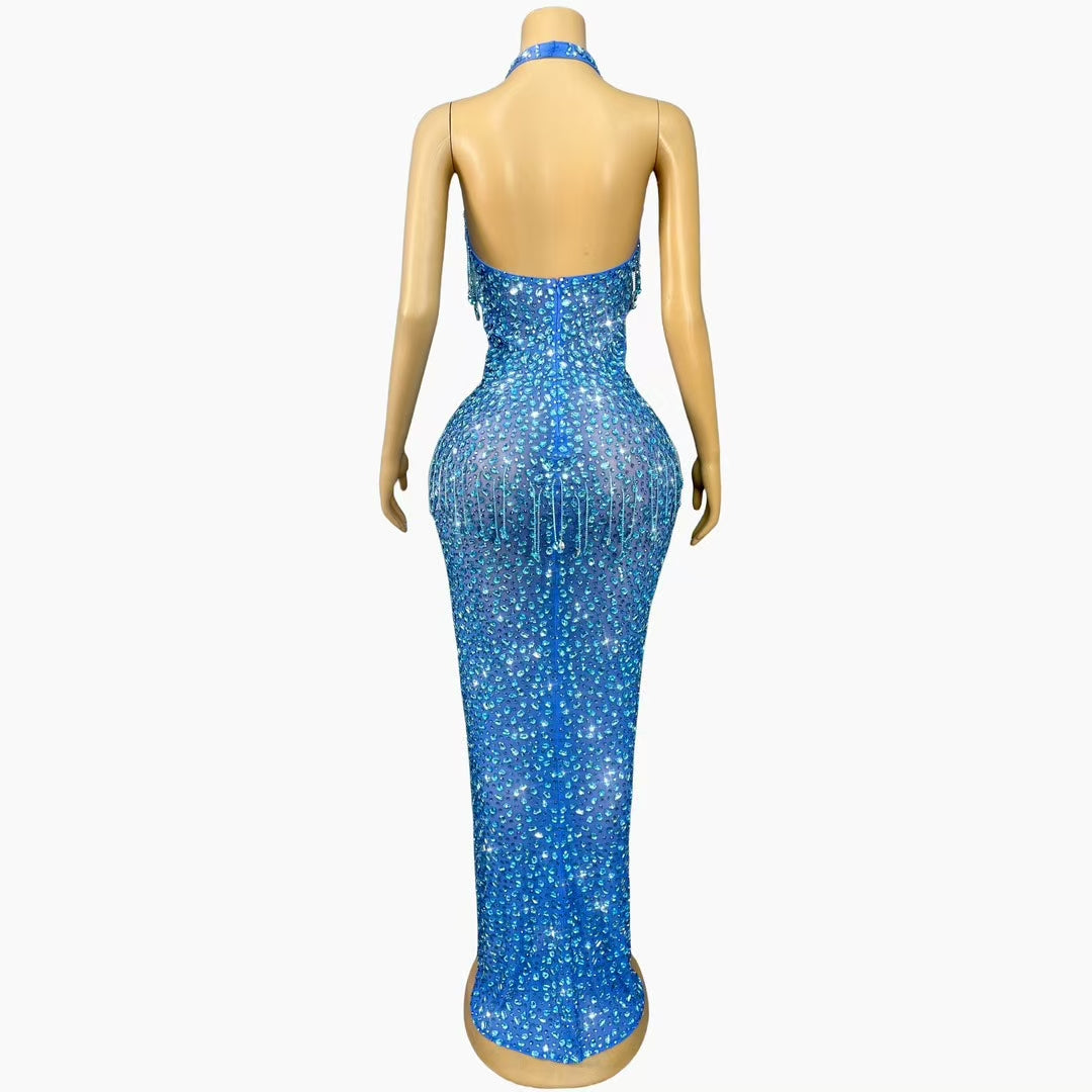 CELESINYI Wulongweibo Crystal Fringe Halter Gown