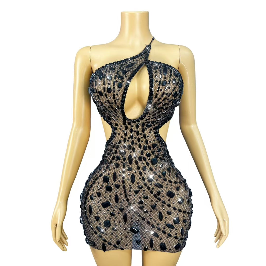 CELESINYI Juanlian Crystal Black One Shoulder Mini Dress