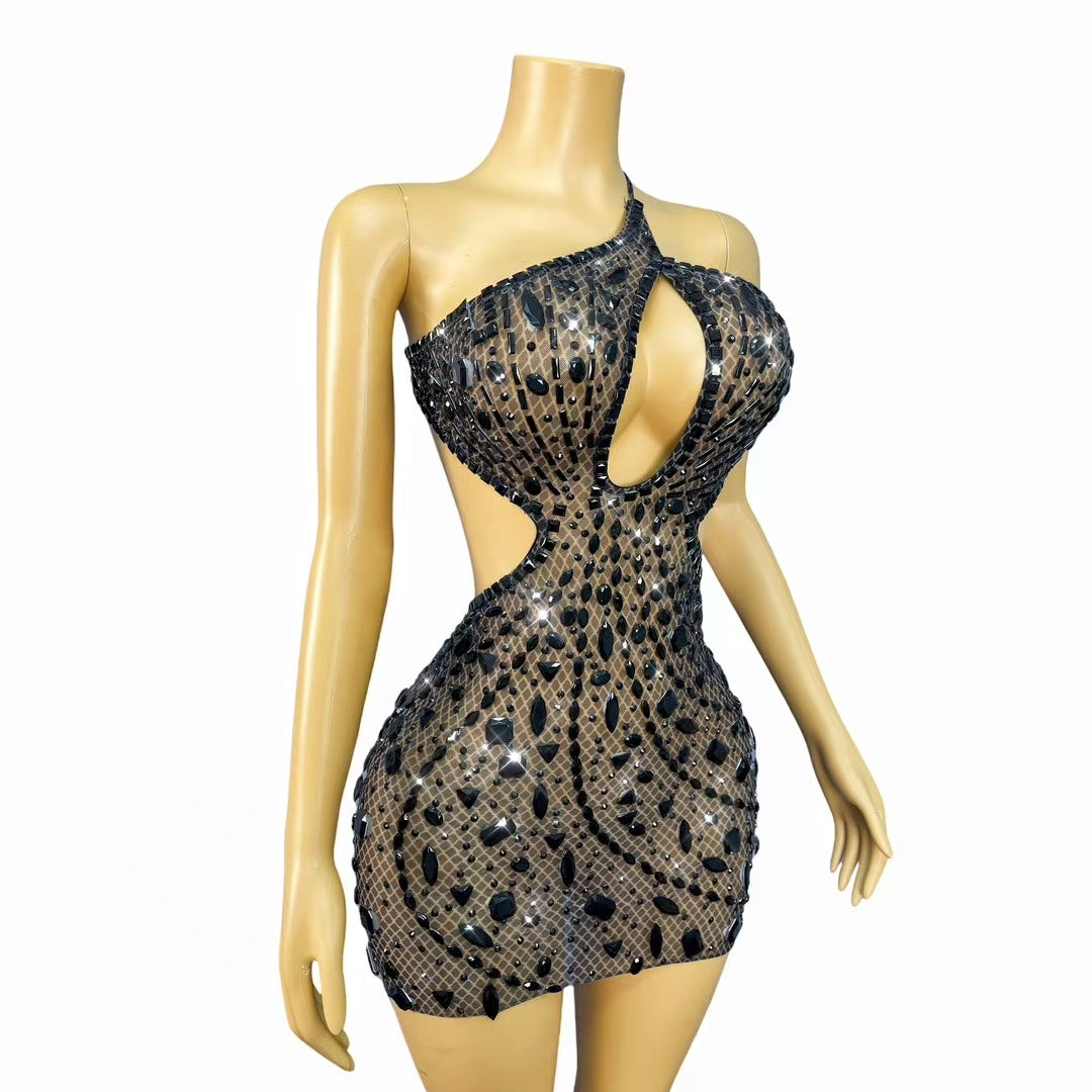 CELESINYI Juanlian Crystal Black One Shoulder Mini Dress