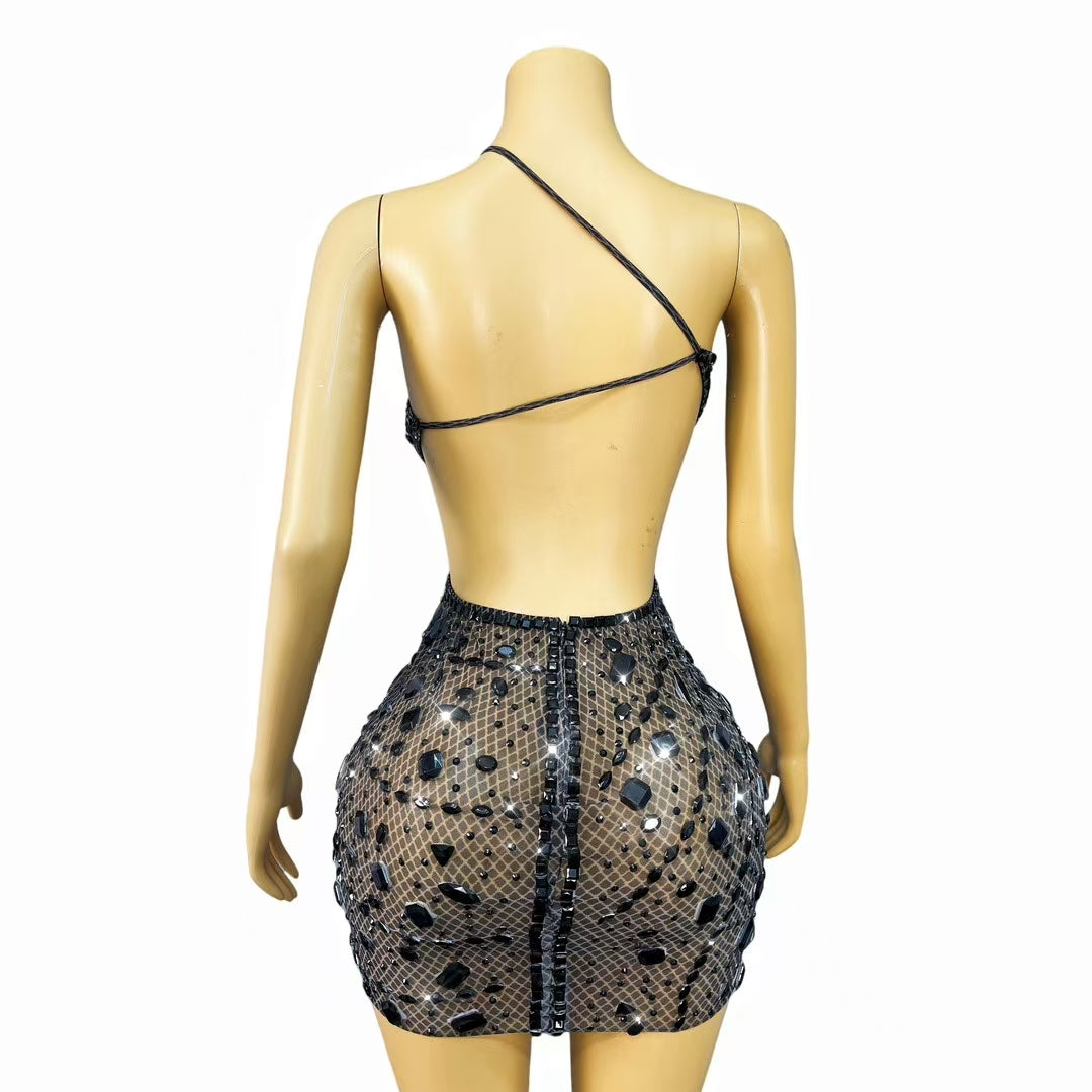 CELESINYI Juanlian Crystal Black One Shoulder Mini Dress