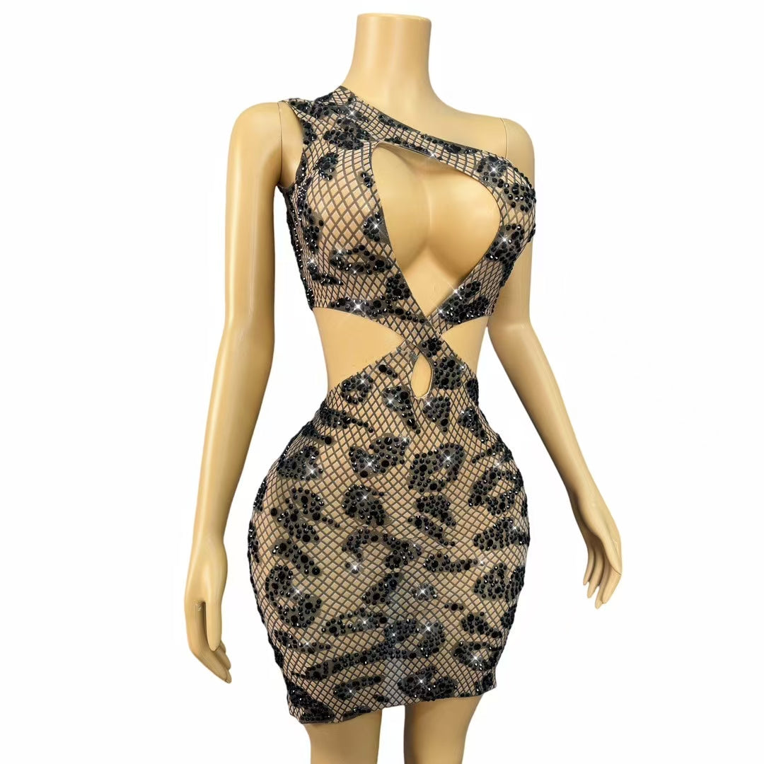 CELESINYI Luowang Crystal Net Mini Dress