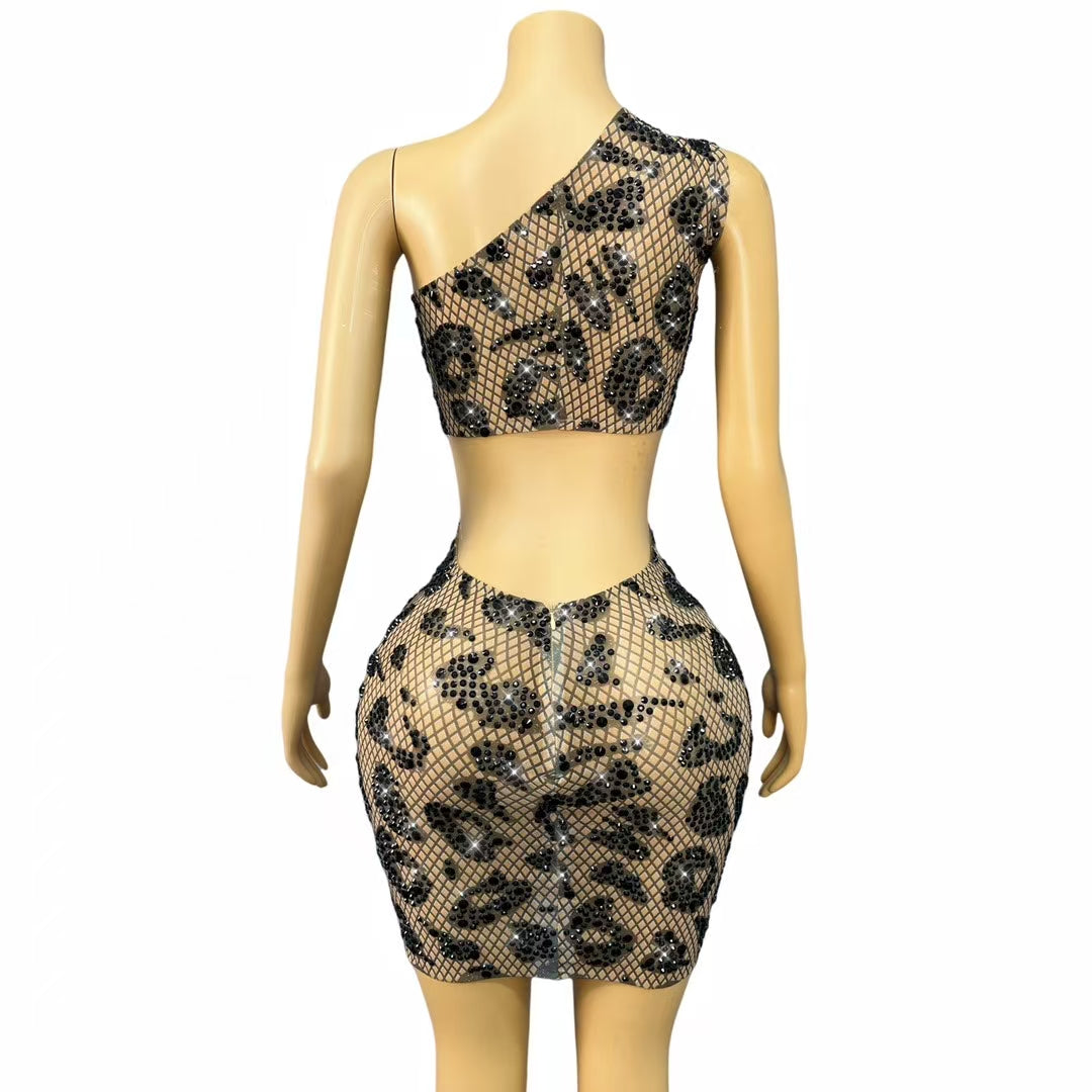 CELESINYI Luowang Crystal Net Mini Dress