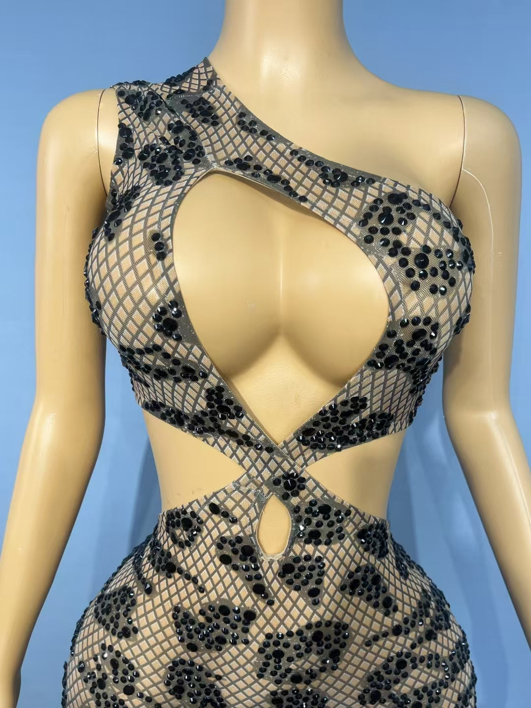 CELESINYI Luowang Crystal Net Mini Dress