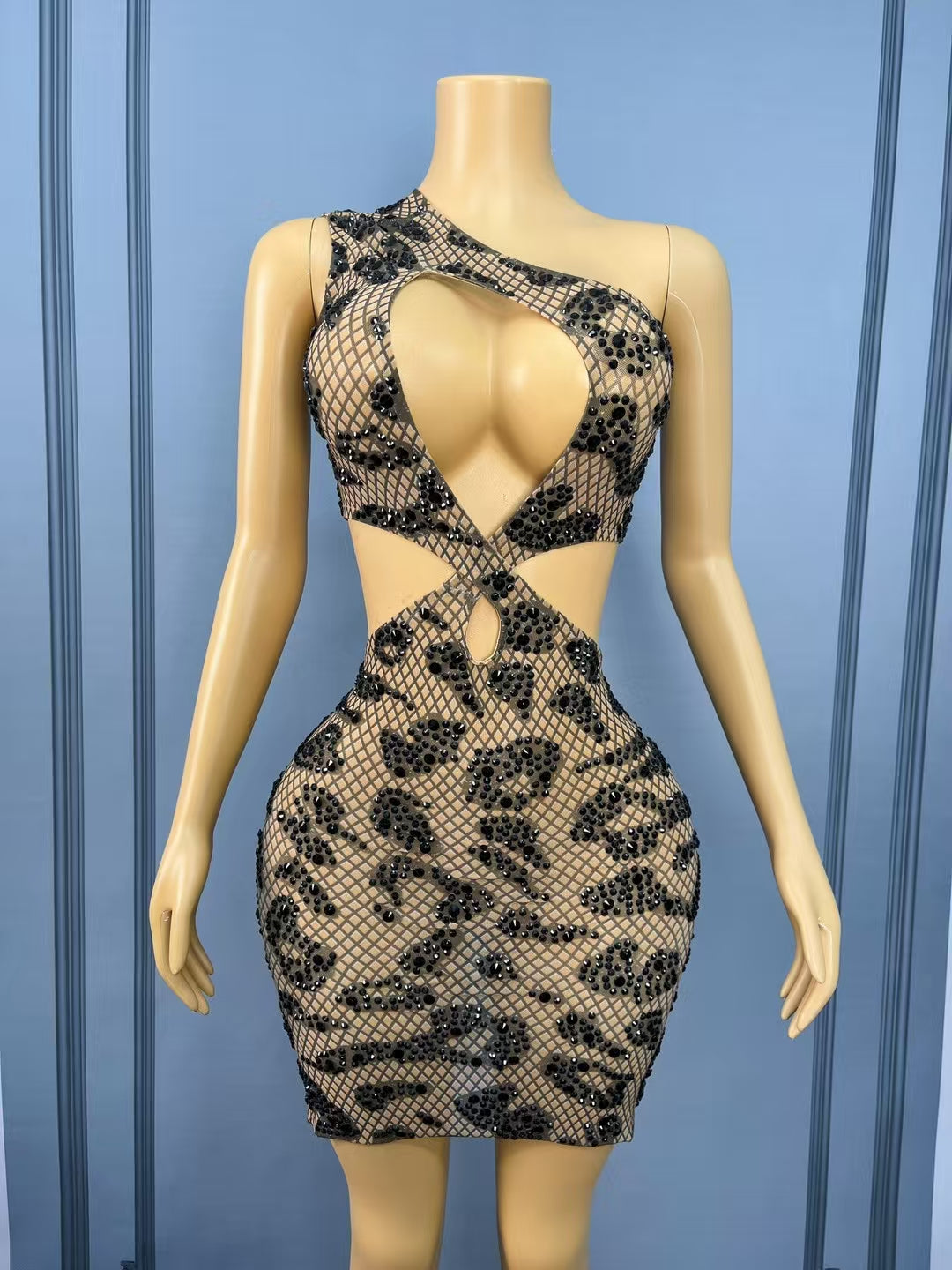 CELESINYI Luowang Crystal Net Mini Dress