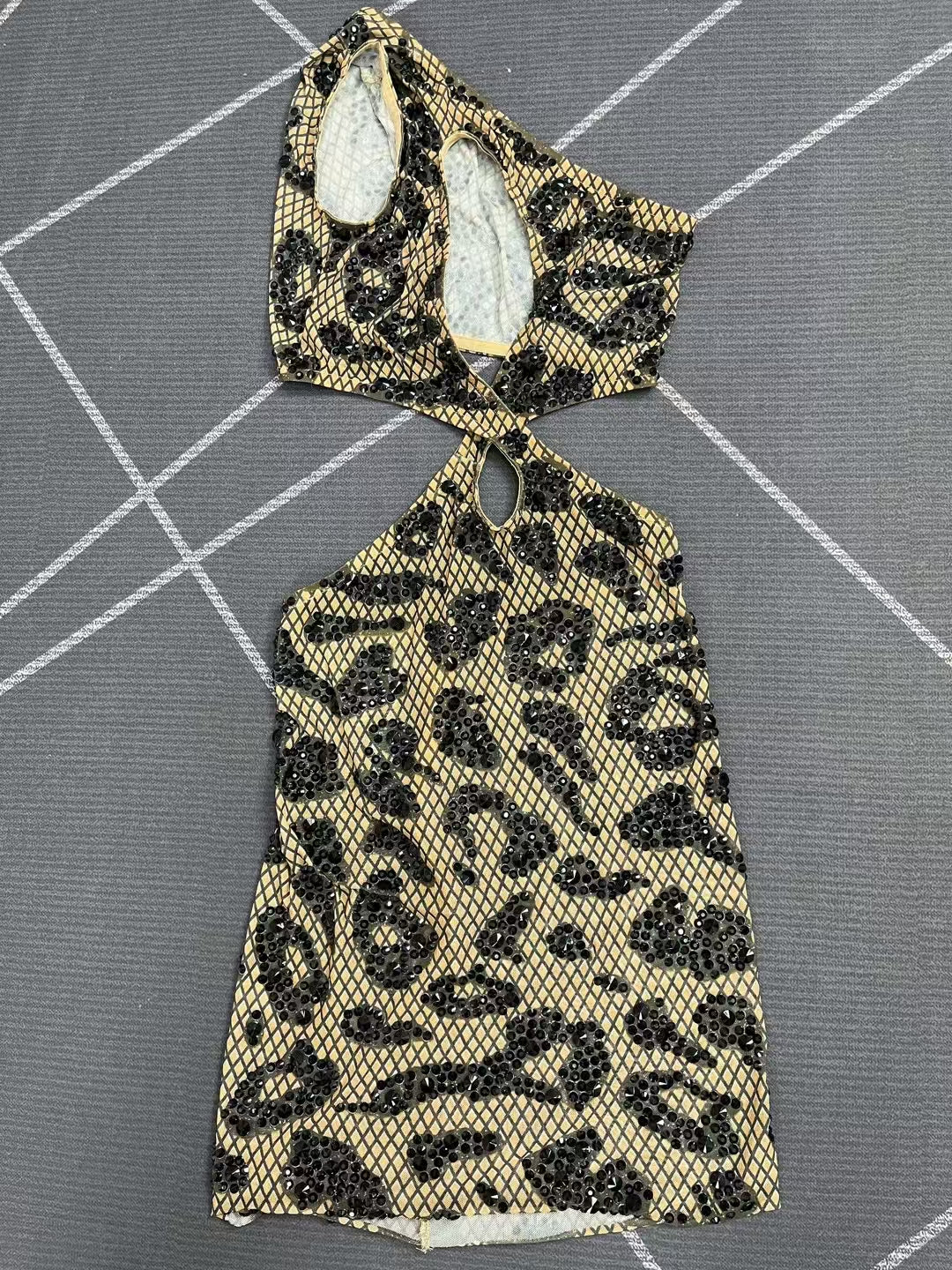 CELESINYI Luowang Crystal Net Mini Dress