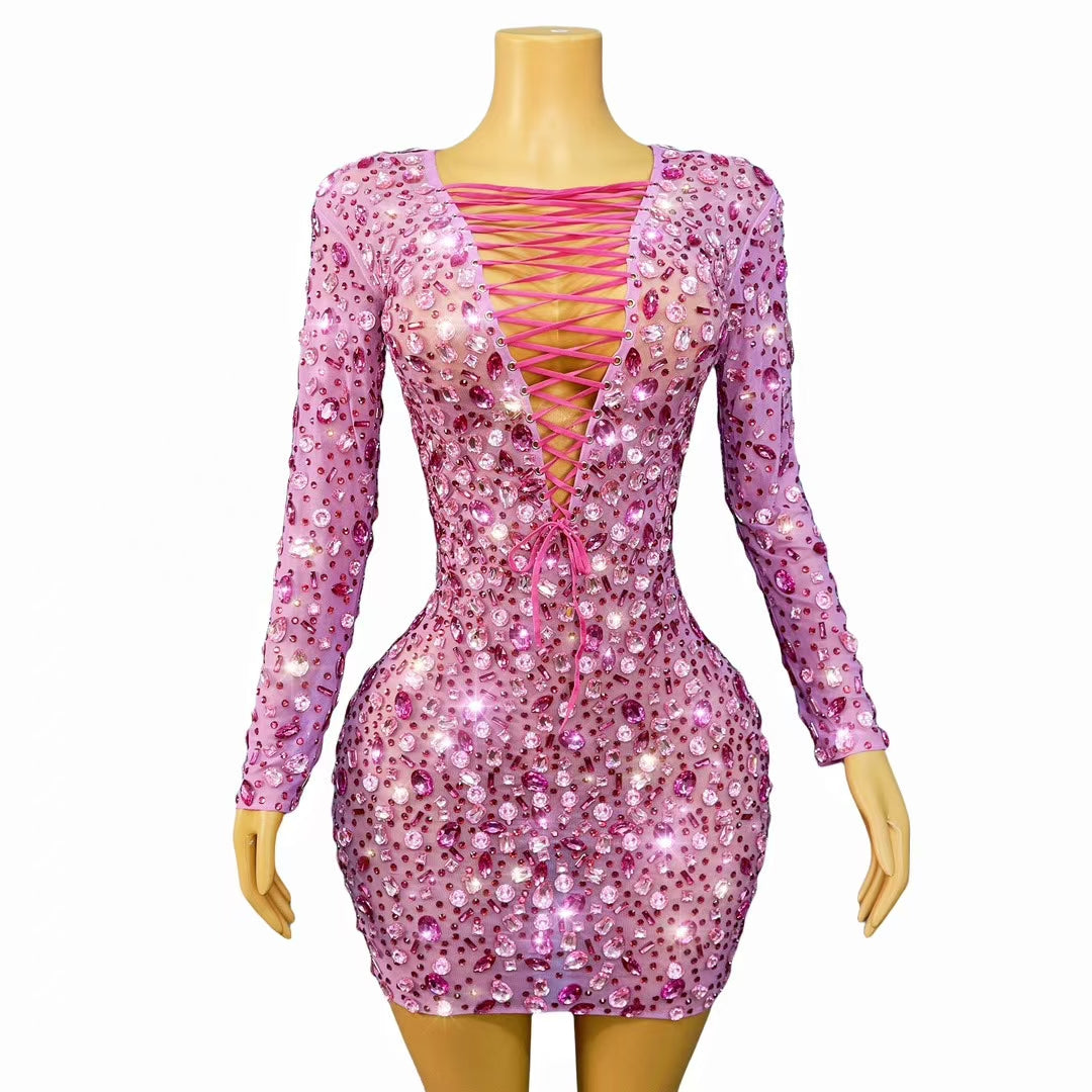 CELESINYI Fenhongnvlang Crystal Pink Mini Dress
