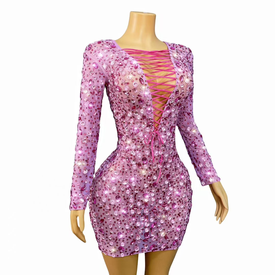 CELESINYI Fenhongnvlang Crystal Pink Mini Dress