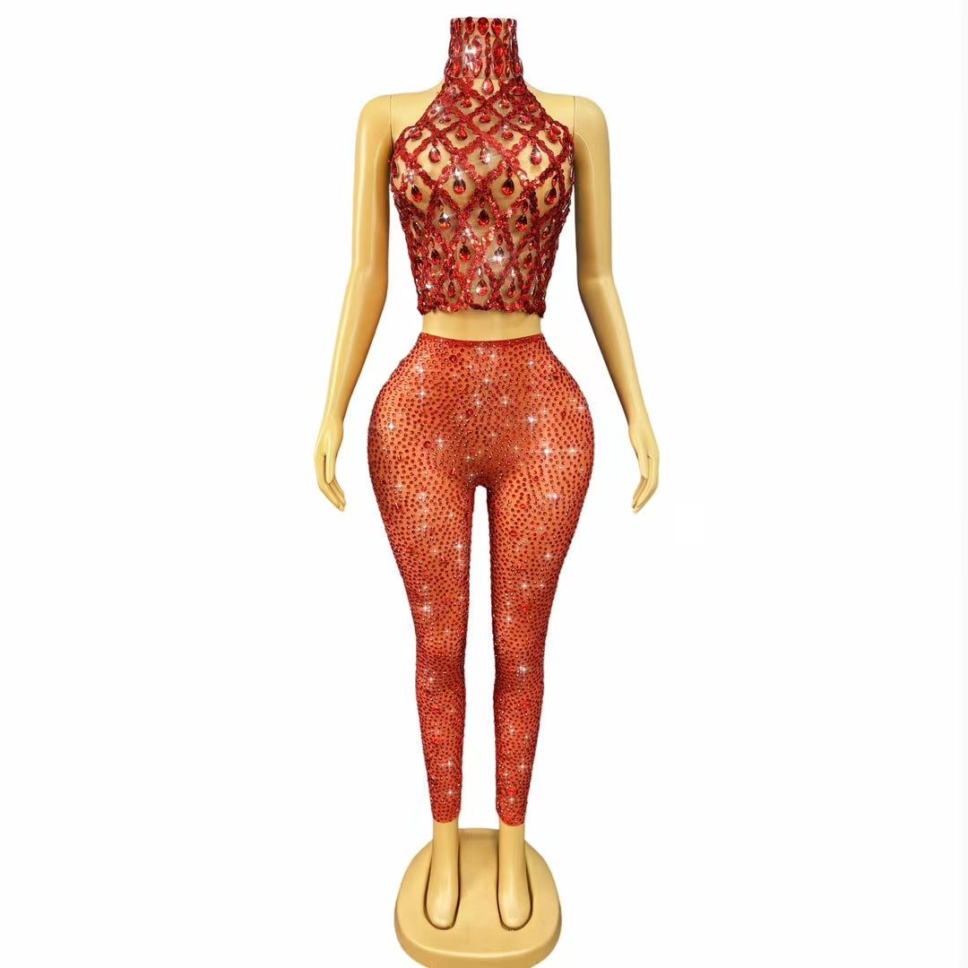 CELESINYI Shaokaoji Crystal Gem Crop Pants Set (Red)