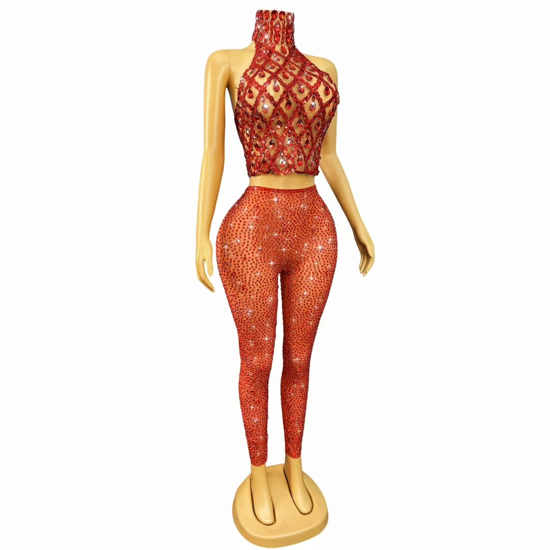 CELESINYI Shaokaoji Crystal Gem Crop Pants Set (Red)