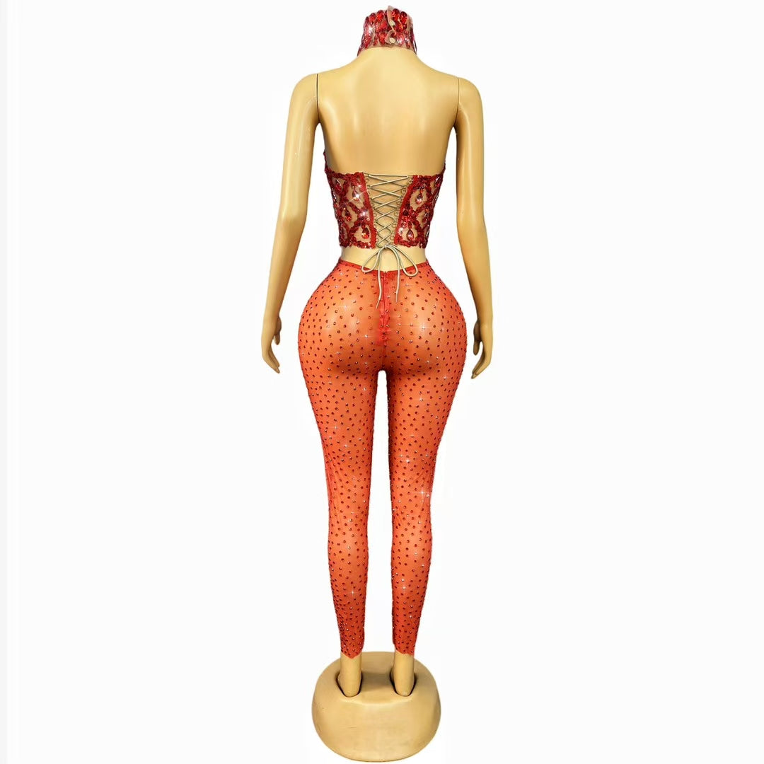 CELESINYI Shaokaoji Crystal Gem Crop Pants Set (Red)